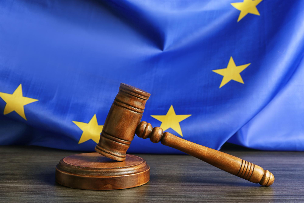 european flag with legal gavel